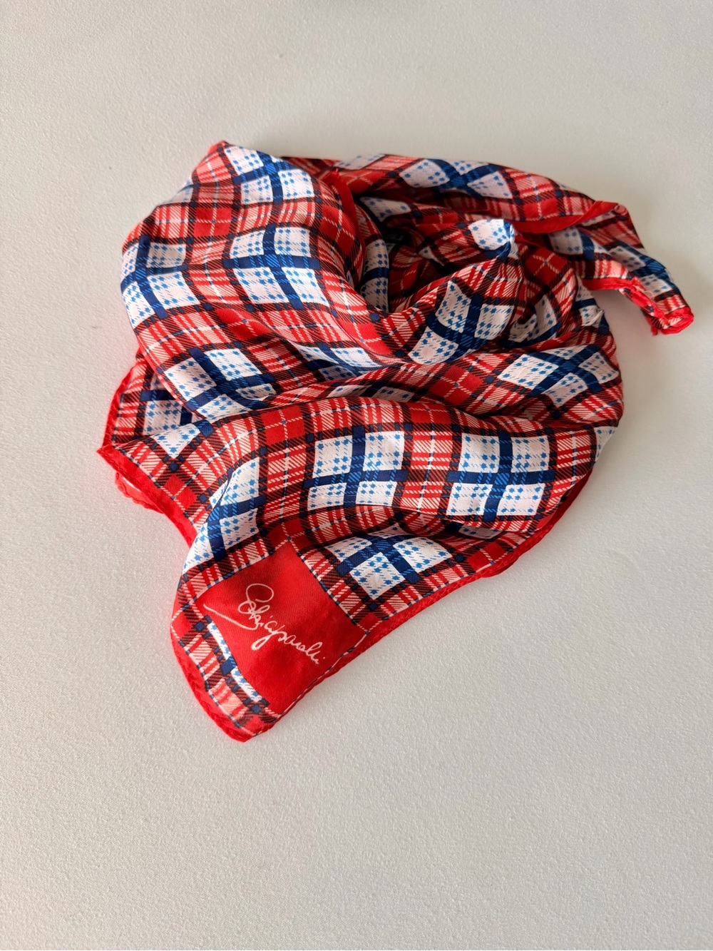 Red, White, & Blue plaid Schiaparelli head scarf